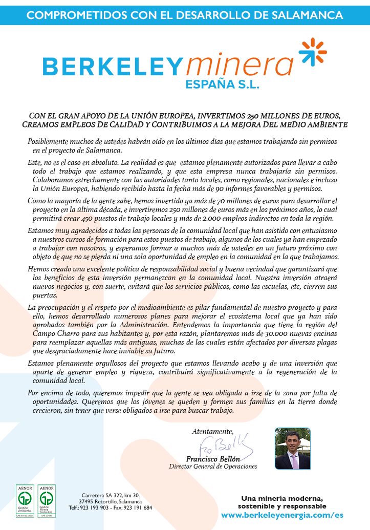 Berkeley Minera España Berkeley Minera España comprometidos con el desarrollo de Salamanca