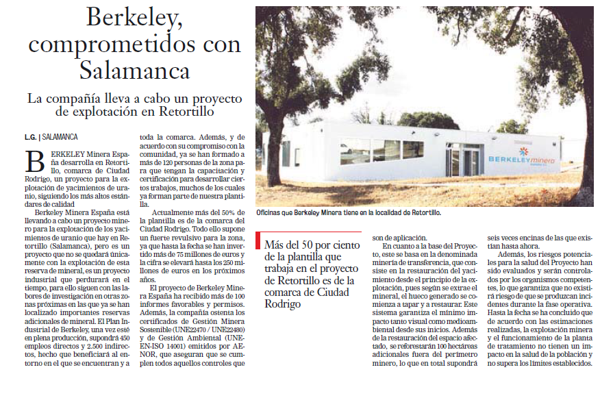 Berkeley Minera España, La Gaceta de Salamanca